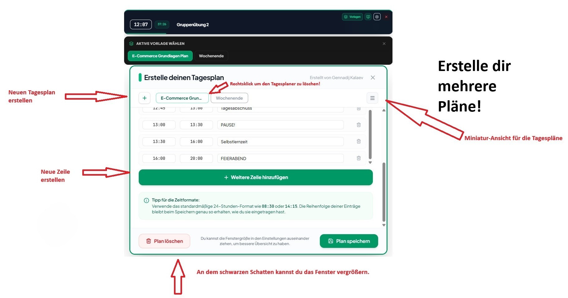 Editor-Ansicht des Tagesplaners